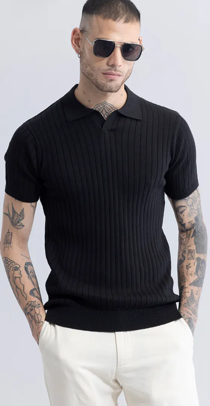 SNITCH-Sleek Striped Black Polo T-Shirt