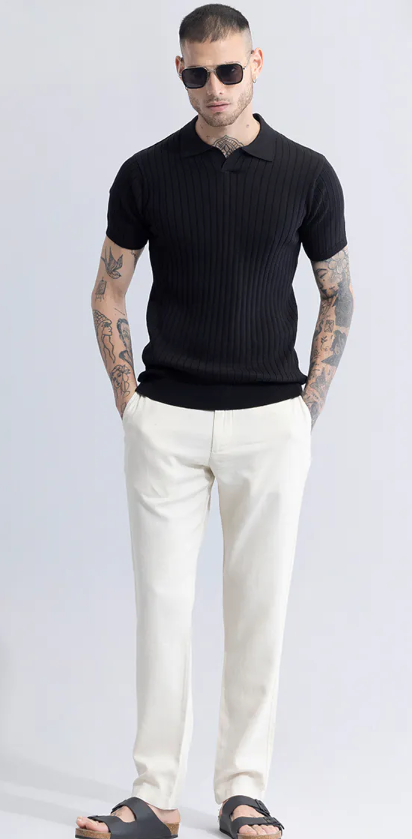 SNITCH-Sleek Striped Black Polo T-Shirt
