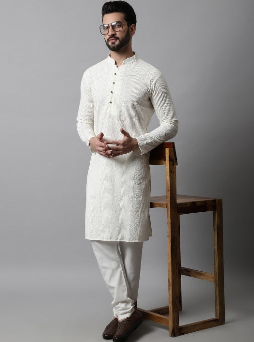 Creme Embroidered Cotton Kurta